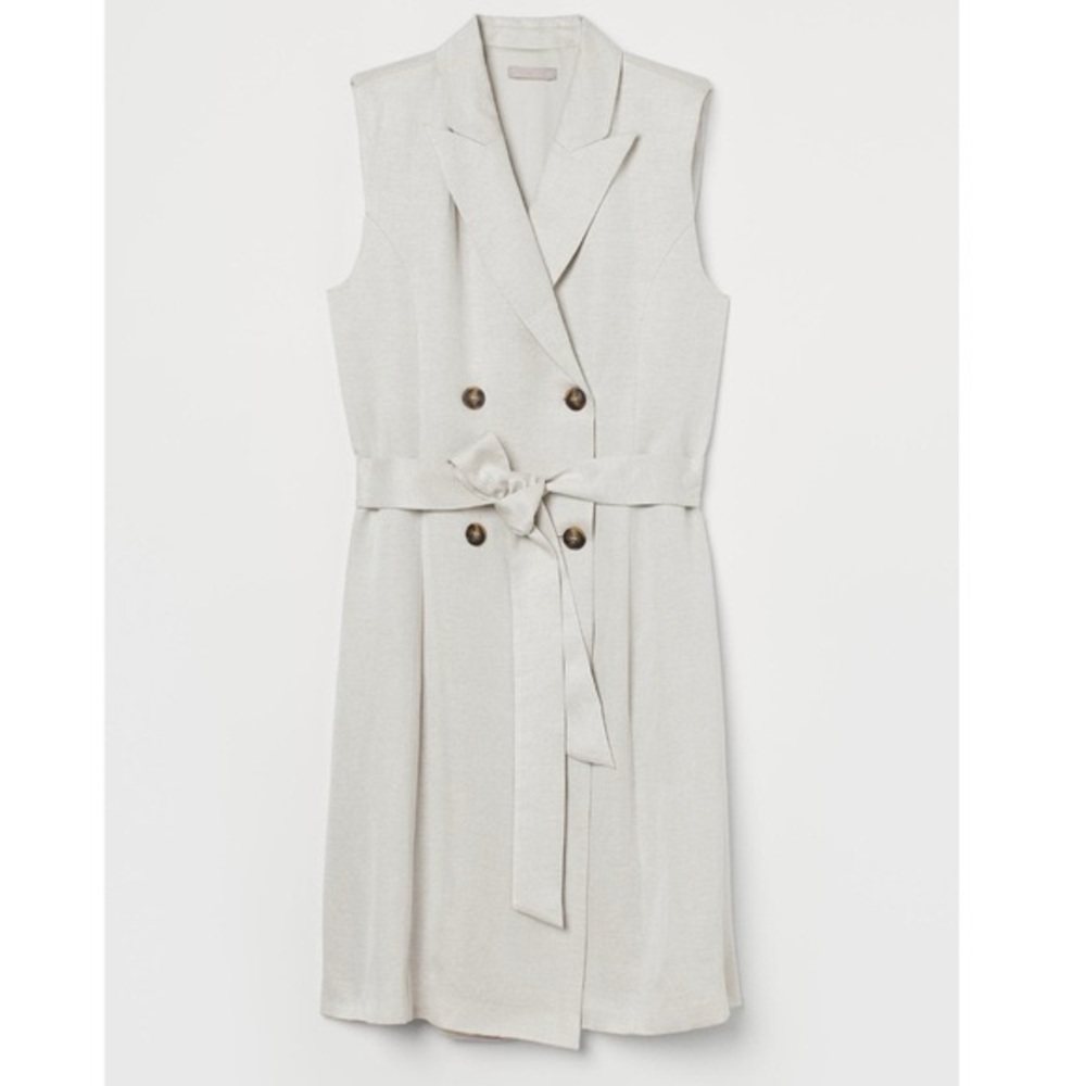 Linen blend tie belt dress Beige Ladies H&M